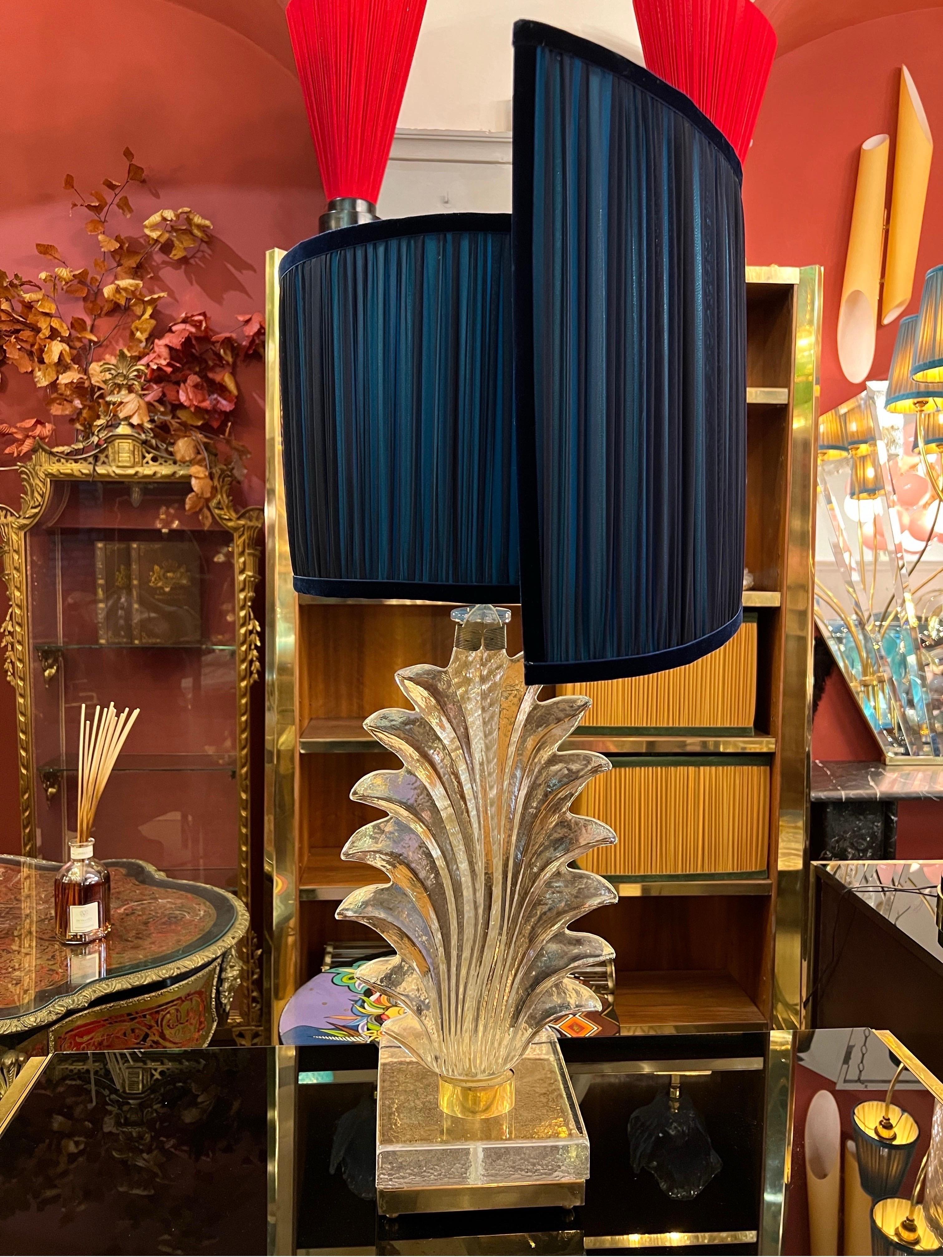Murano Clear Glass Leaf Table Lamp with our Double Color Spiral Lampshade, 1940s For Sale 7