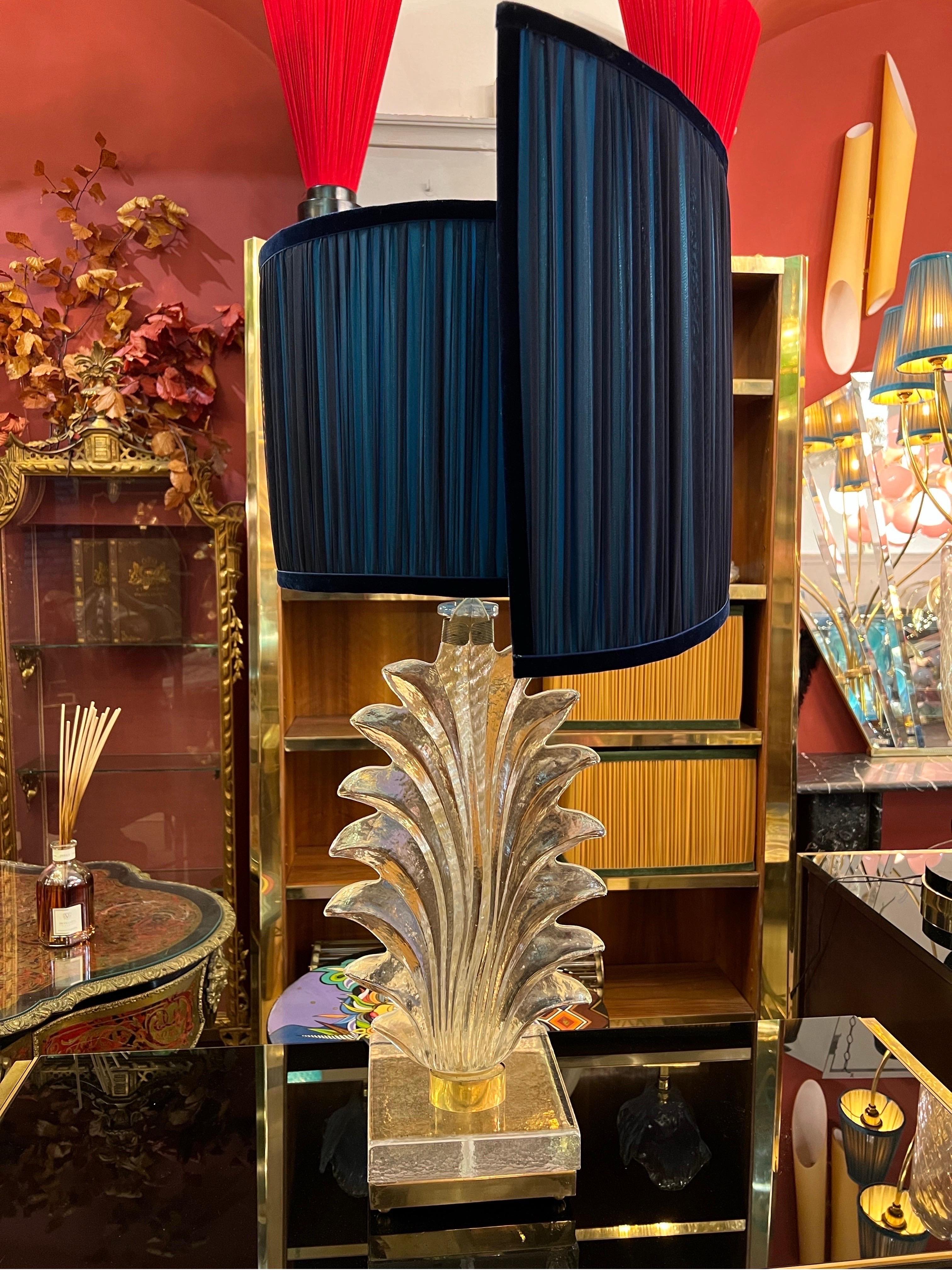 Murano Clear Glass Leaf Table Lamp with our Double Color Spiral Lampshade, 1940s For Sale 9