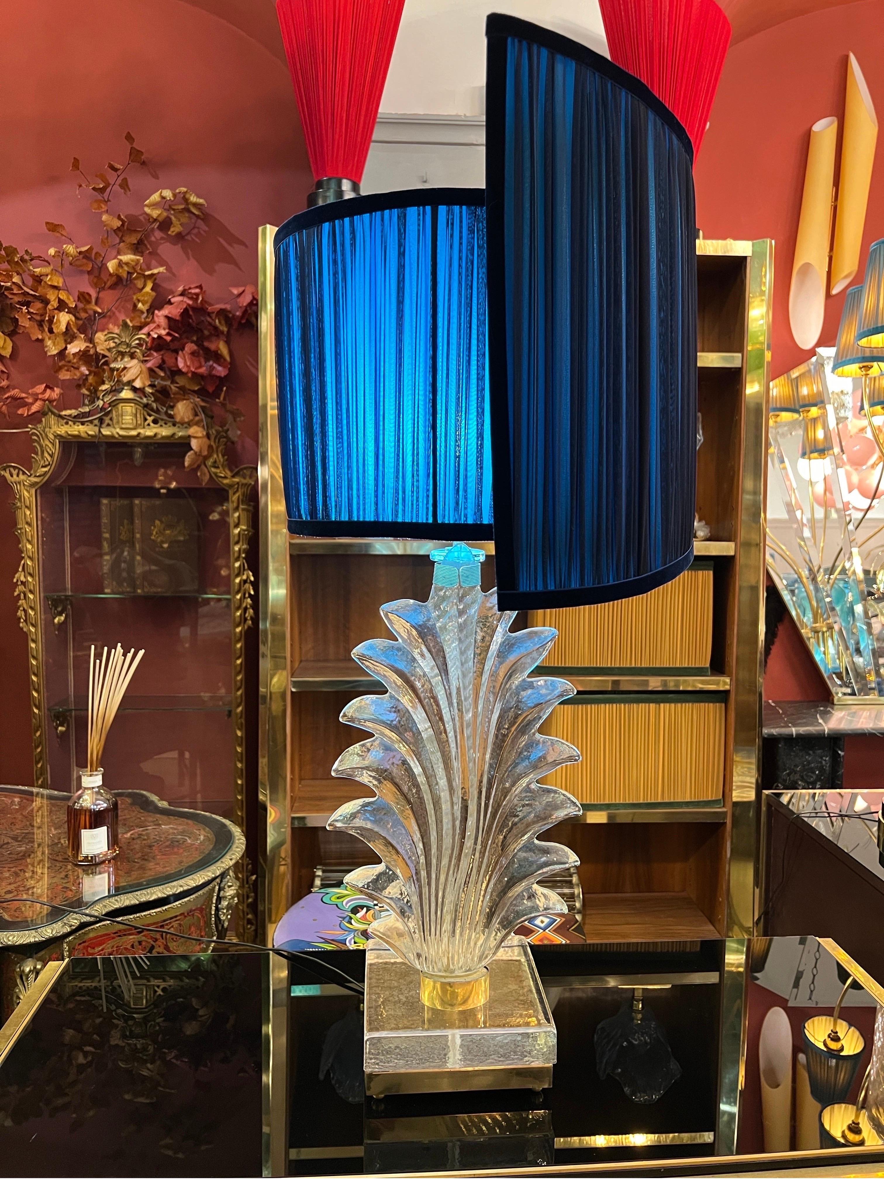 19th Century Murano Clear Glass Leaf Table Lamp with our Double Color Spiral Lampshade, 1940s For Sale
