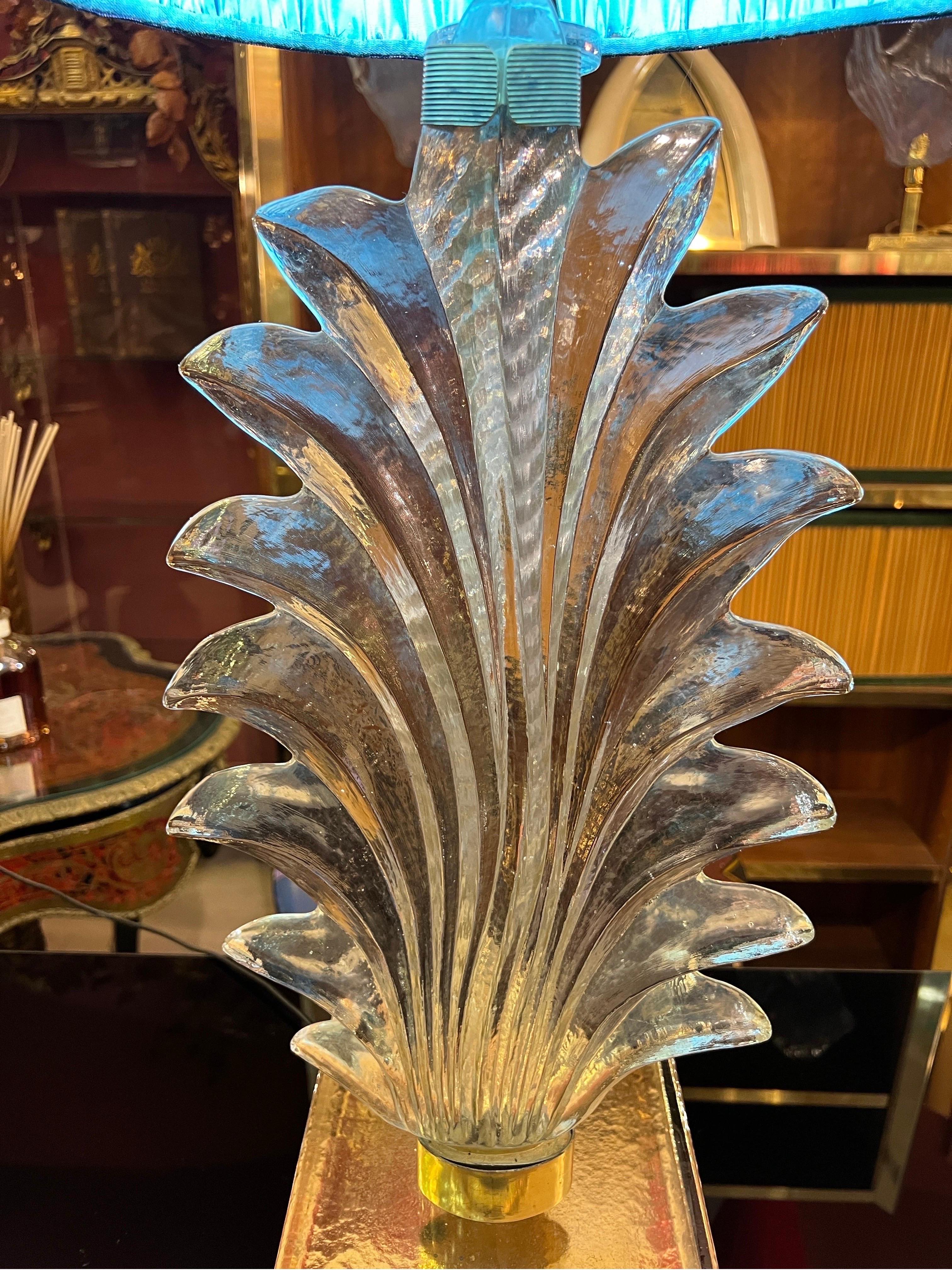 Murano Clear Glass Leaf Table Lamp with our Double Color Spiral Lampshade, 1940s For Sale 2