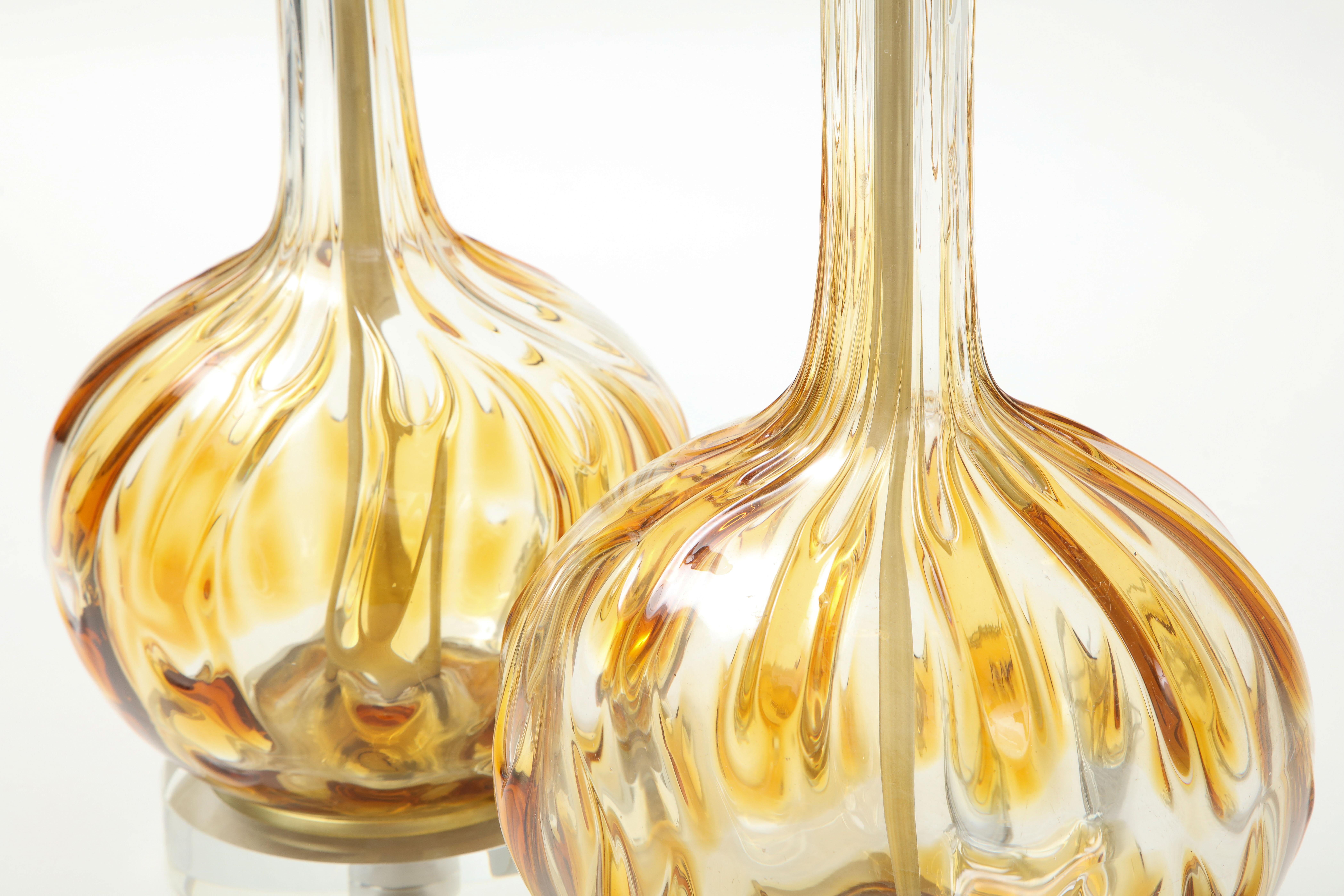 Brass Murano Clear, Honey Gold Art Glass Lamps