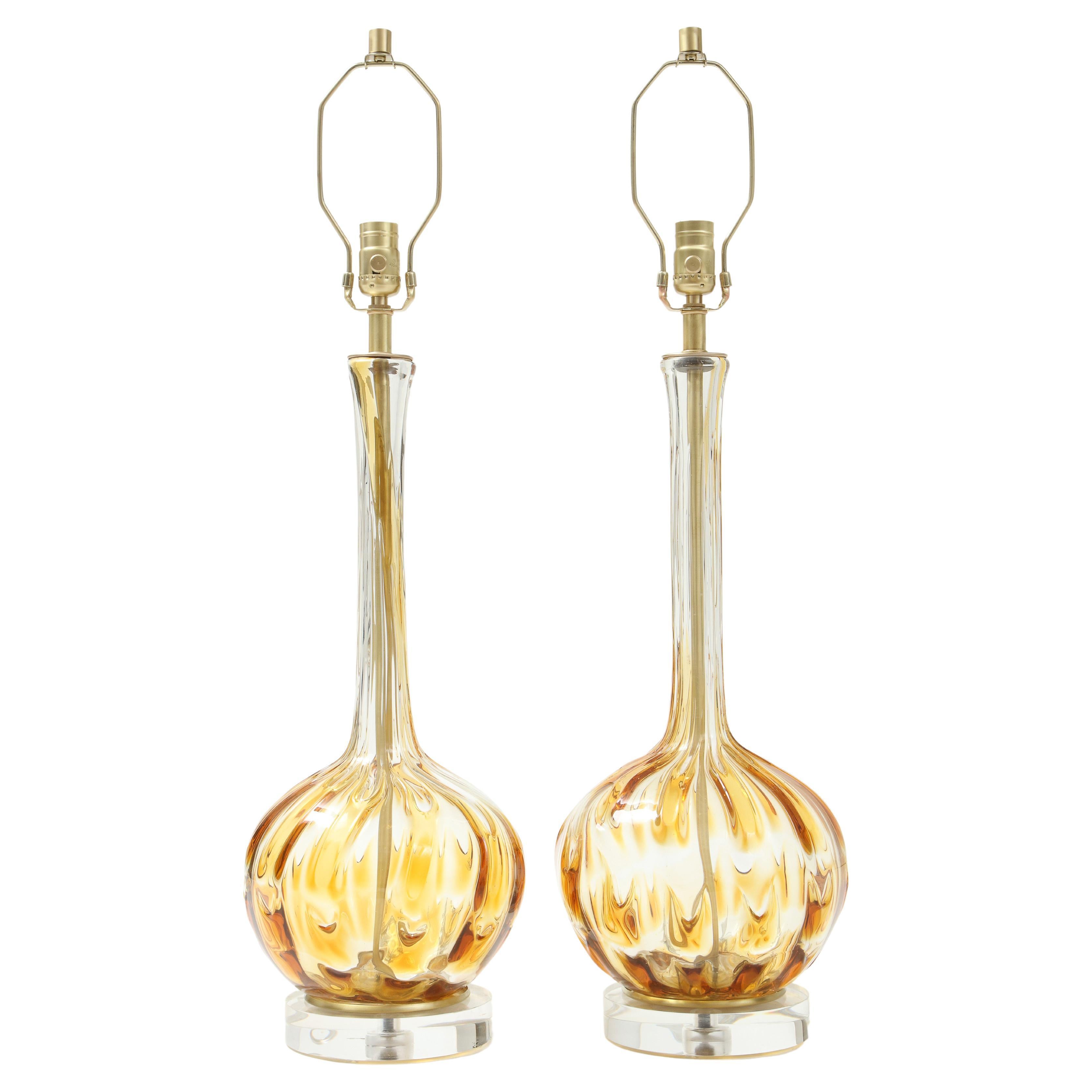 Murano Clear, Honey Gold Art Glass Lamps