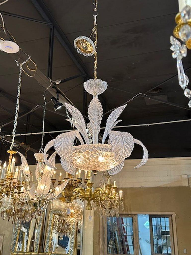 Modern Murano pattern clear glass leaf chandelier. The chandelier has been professionally rewired, comes with matching chain and canopy. It is ready to hang!