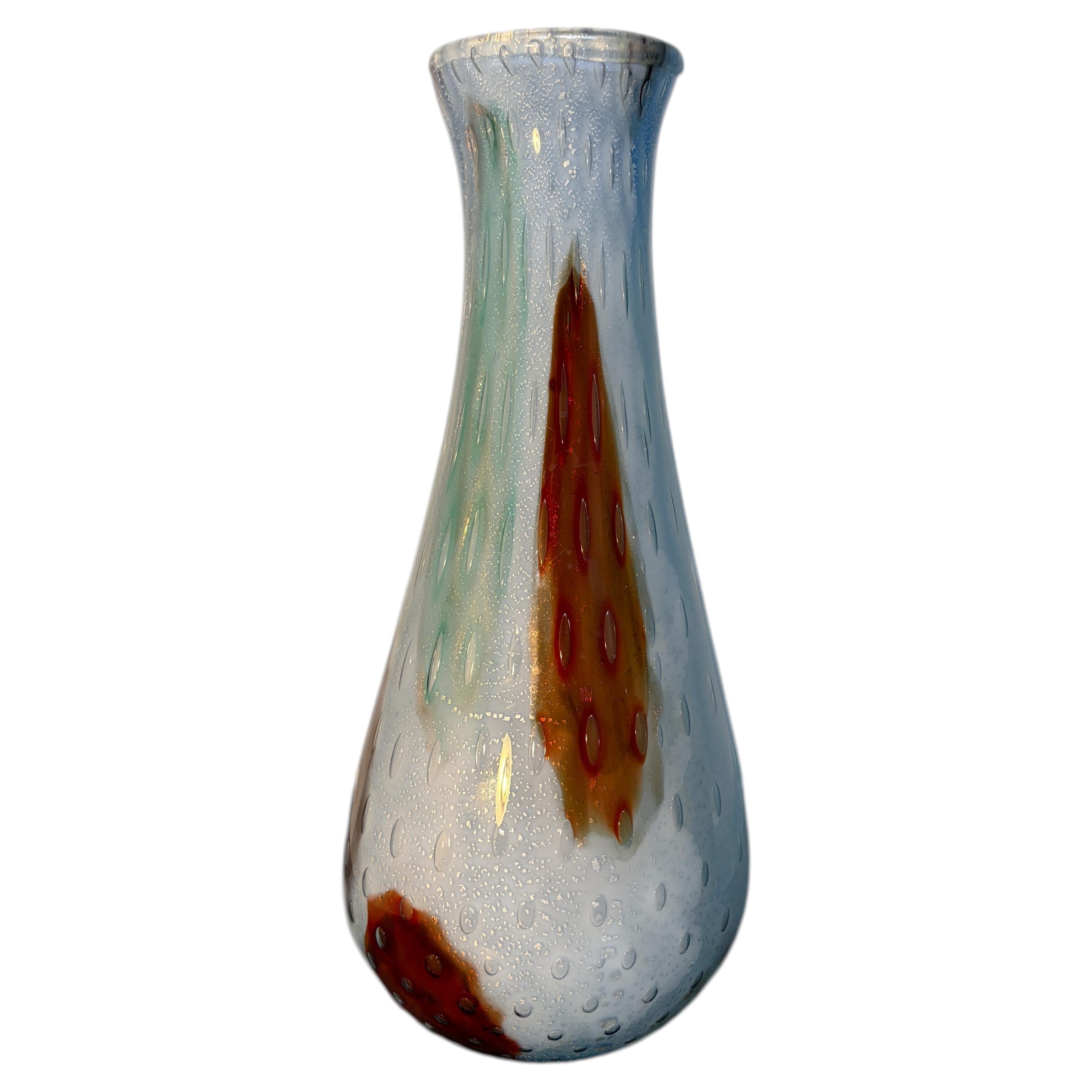 Murano Clear Pulegoso Art Glass Vase with Red and Green Inserts For Sale