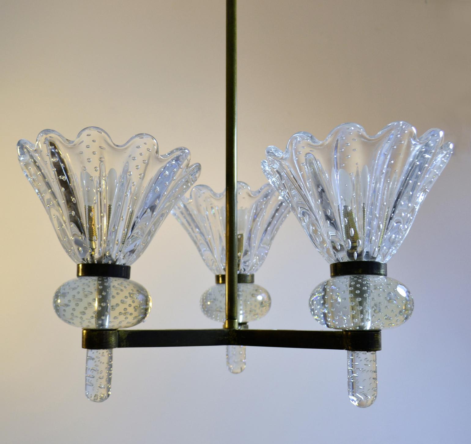 Murano Clear Pulegoso Glass and Brass Chandelier Italy 1930's 4