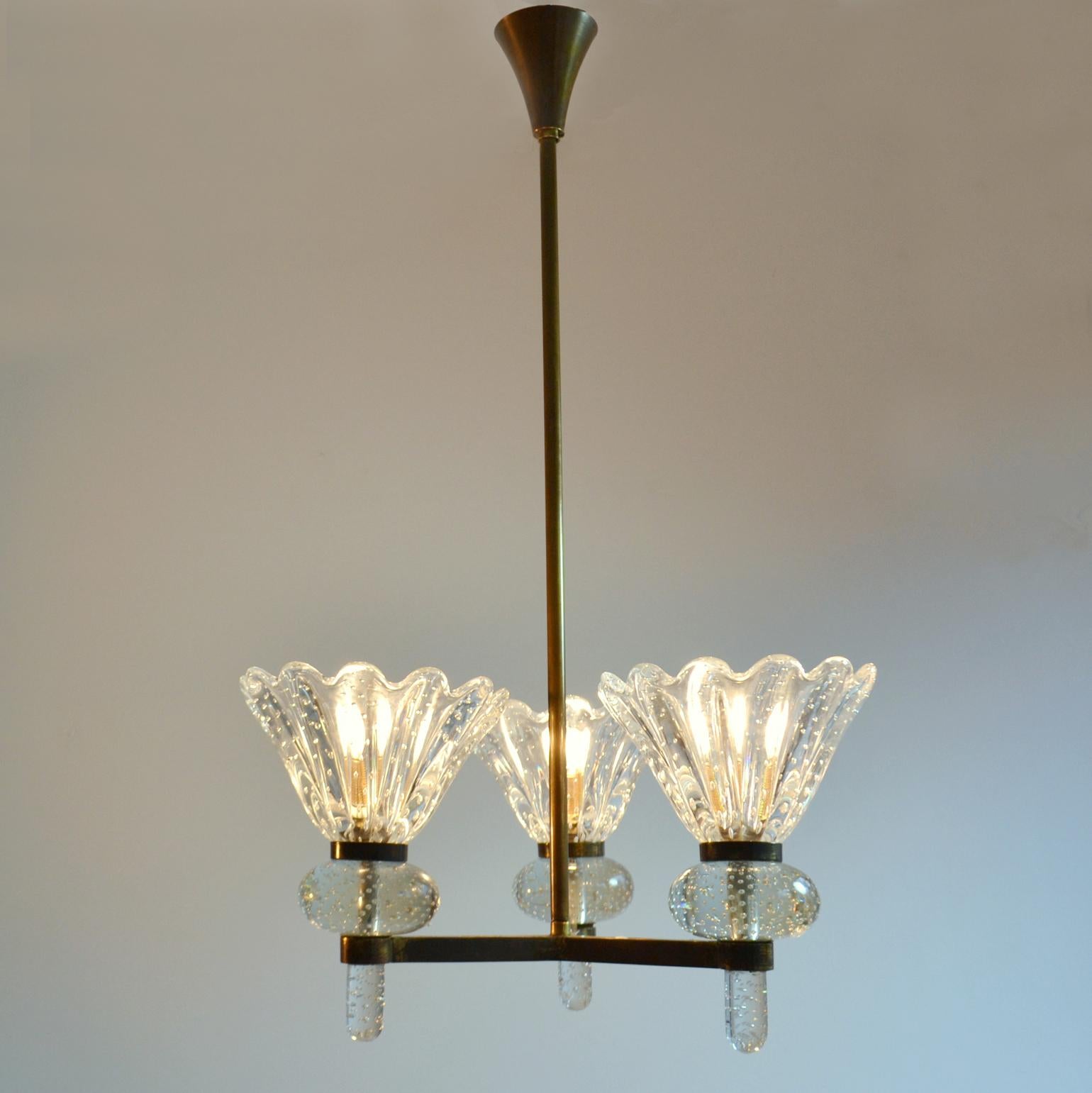 Murano Clear Pulegoso Glass and Brass Chandelier Italy 1930's 5