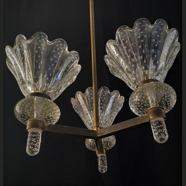 Mid-Century Modern Murano Clear Pulegoso Glass and Brass Chandelier Italy 1930's