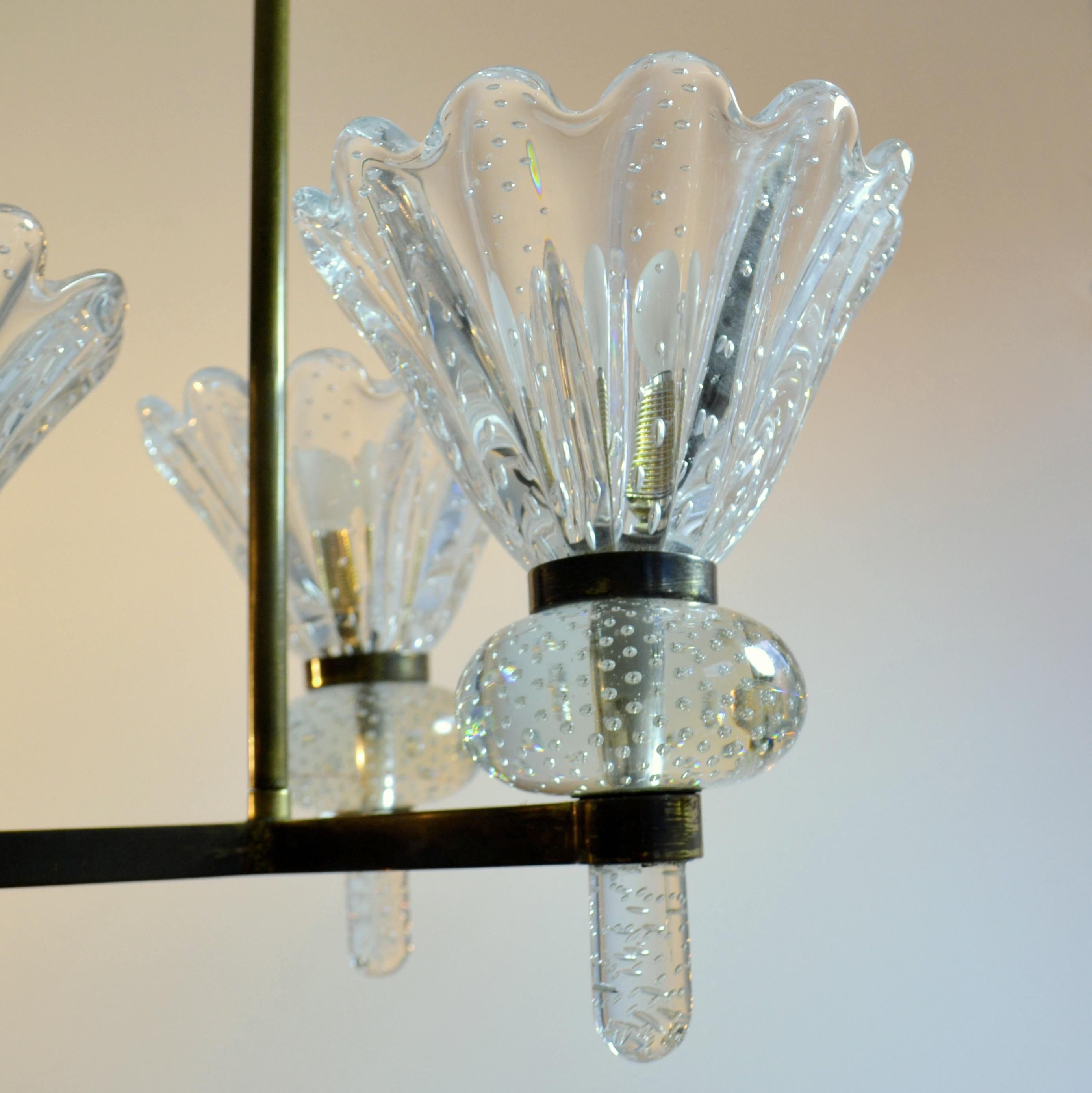 Murano Clear Pulegoso Glass and Brass Chandelier Italy 1930's In Excellent Condition In London, GB