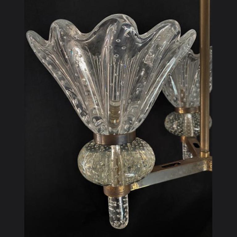 Mid-20th Century Murano Clear Pulegoso Glass and Brass Chandelier Italy 1930's