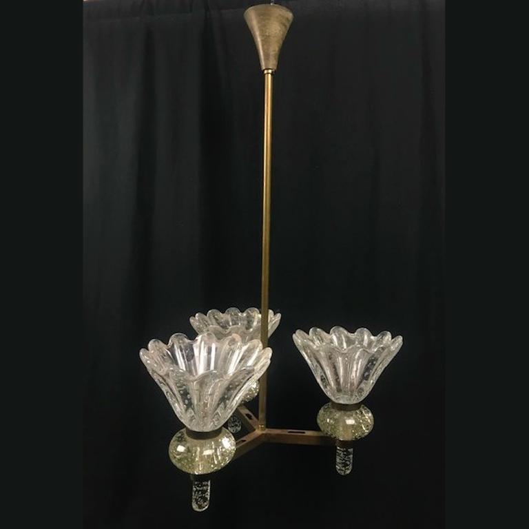Murano Clear Pulegoso Glass and Brass Chandelier Italy 1930's 1
