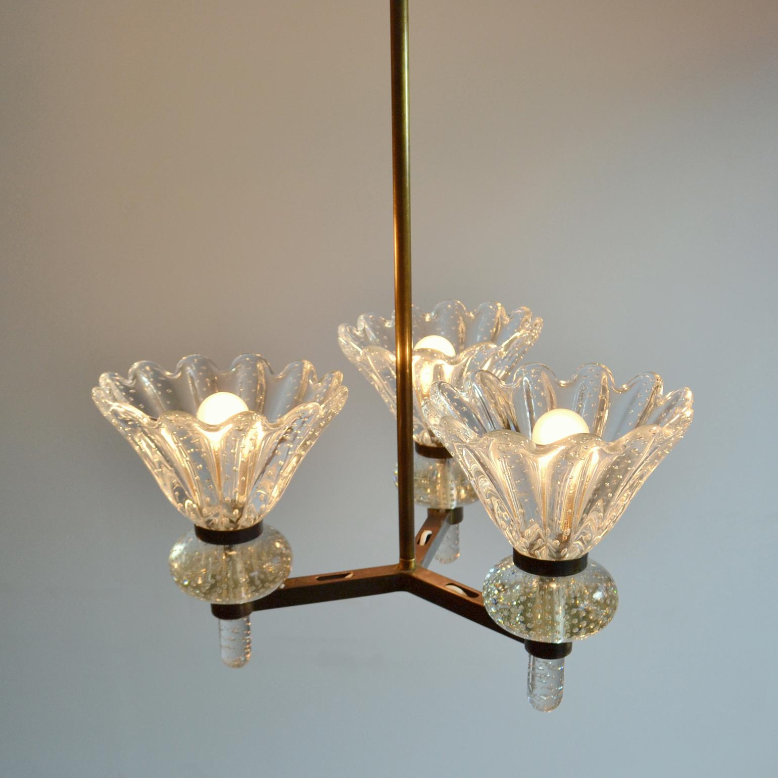 Murano Clear Pulegoso Glass and Brass Chandelier Italy 1930's 2