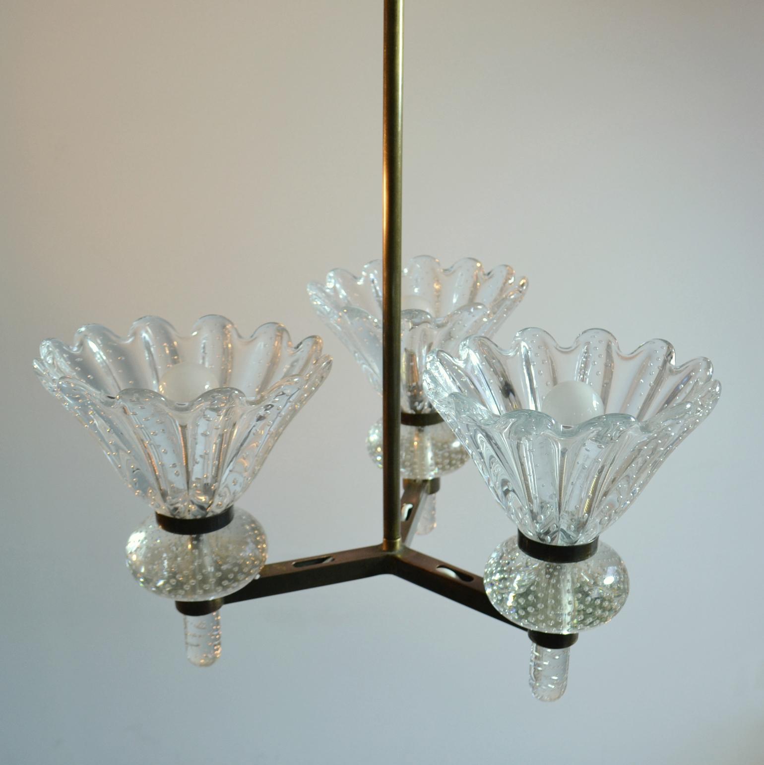 Murano Clear Pulegoso Glass and Brass Chandelier Italy 1930's 3