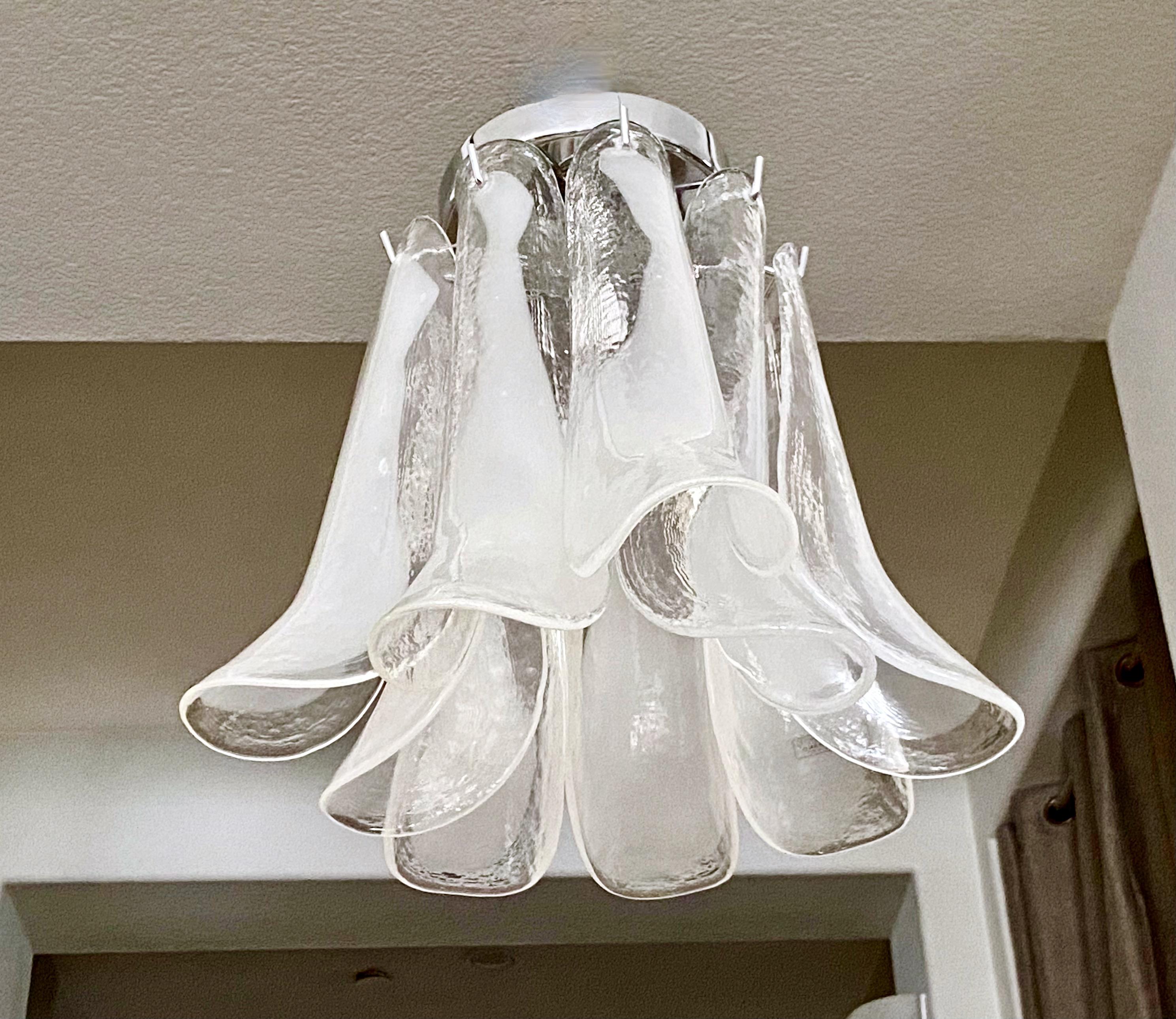 Italian Murano Clear White Petal Glass Flush Mount Hall Light For Sale