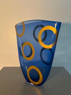Murano Cobalt Blue Art Glass Vase with Yellow and Black Ring Decoration