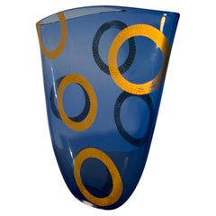 Murano Cobalt Blue Art Glass Vase with Yellow and Black Ring Decoration