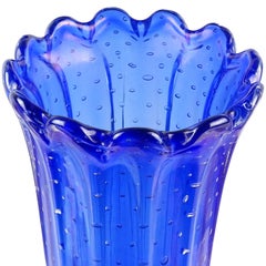 Murano Cobalt Blue Iridescent Bubbles Gold Flecks Italian Art Glass Flower Vase