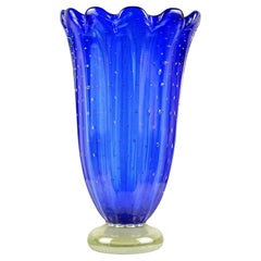 Murano Cobalt Blue Iridescent Bubbles Gold Flecks Italian Art Glass Flower Vase