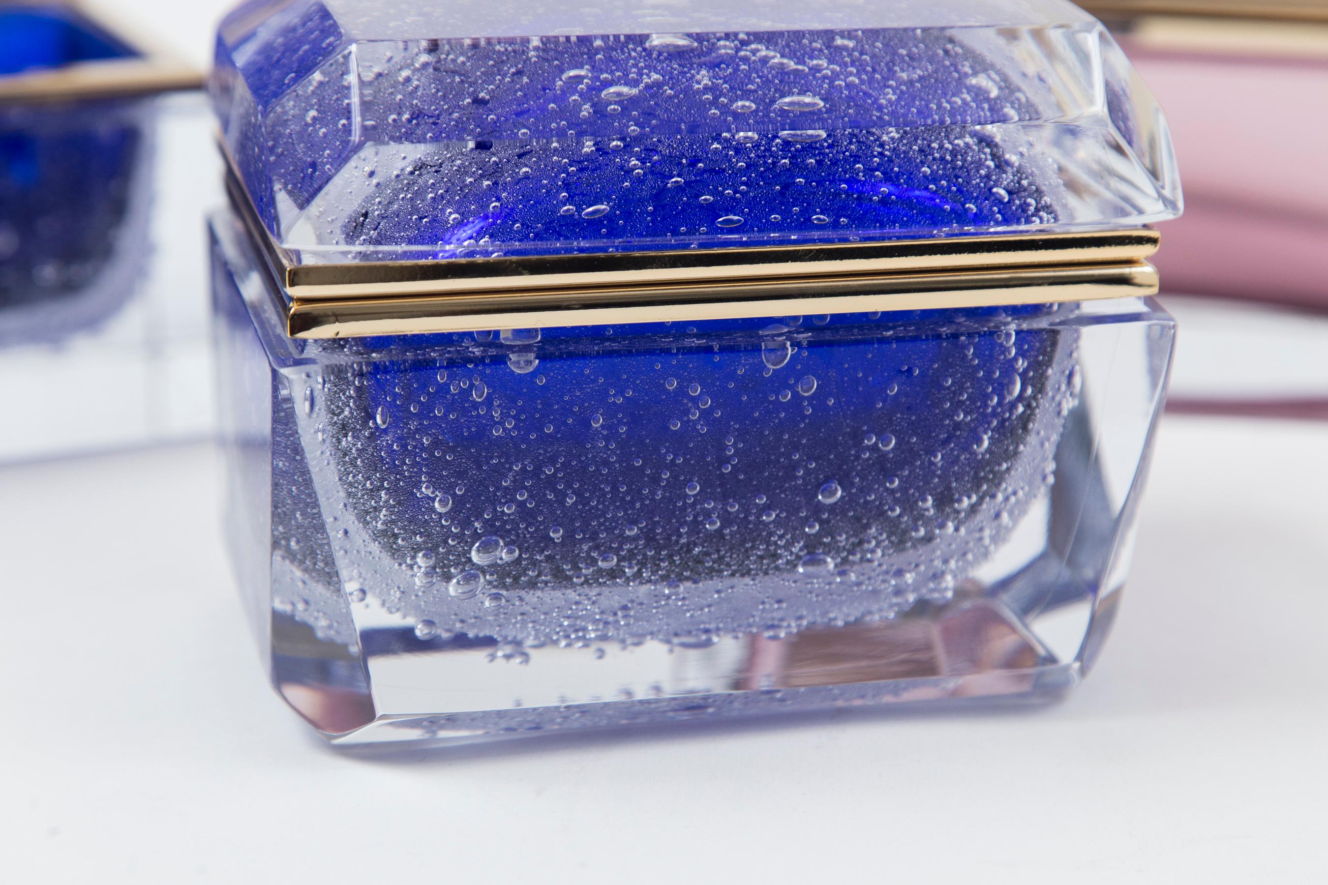 Blown Glass Murano Cobalt Blue Pulegoso Chamfered Rectangular Glass Box For Sale