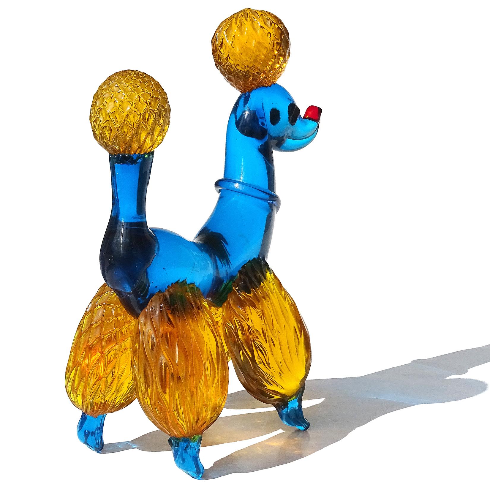 Murano Cobalt Blue Quilt Orange Fur Italian Art Glass Puppy Dog Poodle Sculpture In Good Condition In Kissimmee, FL