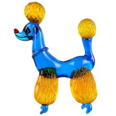 Murano Cobalt Blue Quilt Orange Fur Italian Art Glass Puppy Dog Poodle Sculpture