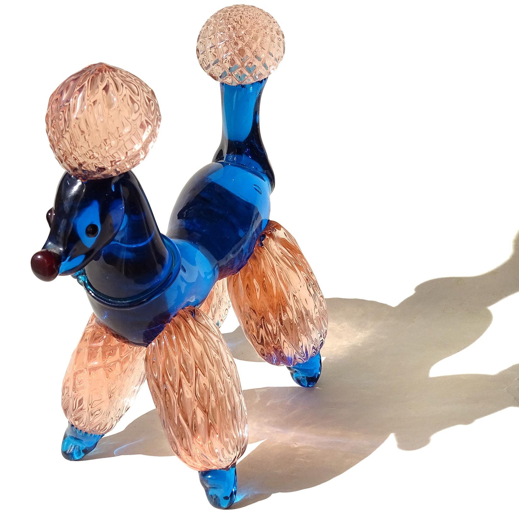 Mid-Century Modern Murano Cobalt Blue Quilted Pink Fur Italian Art Glass Puppy Dog Poodle Sculpture