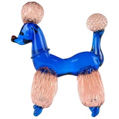 Murano Cobalt Blue Quilted Pink Fur Italian Art Glass Puppy Dog Poodle Sculpture