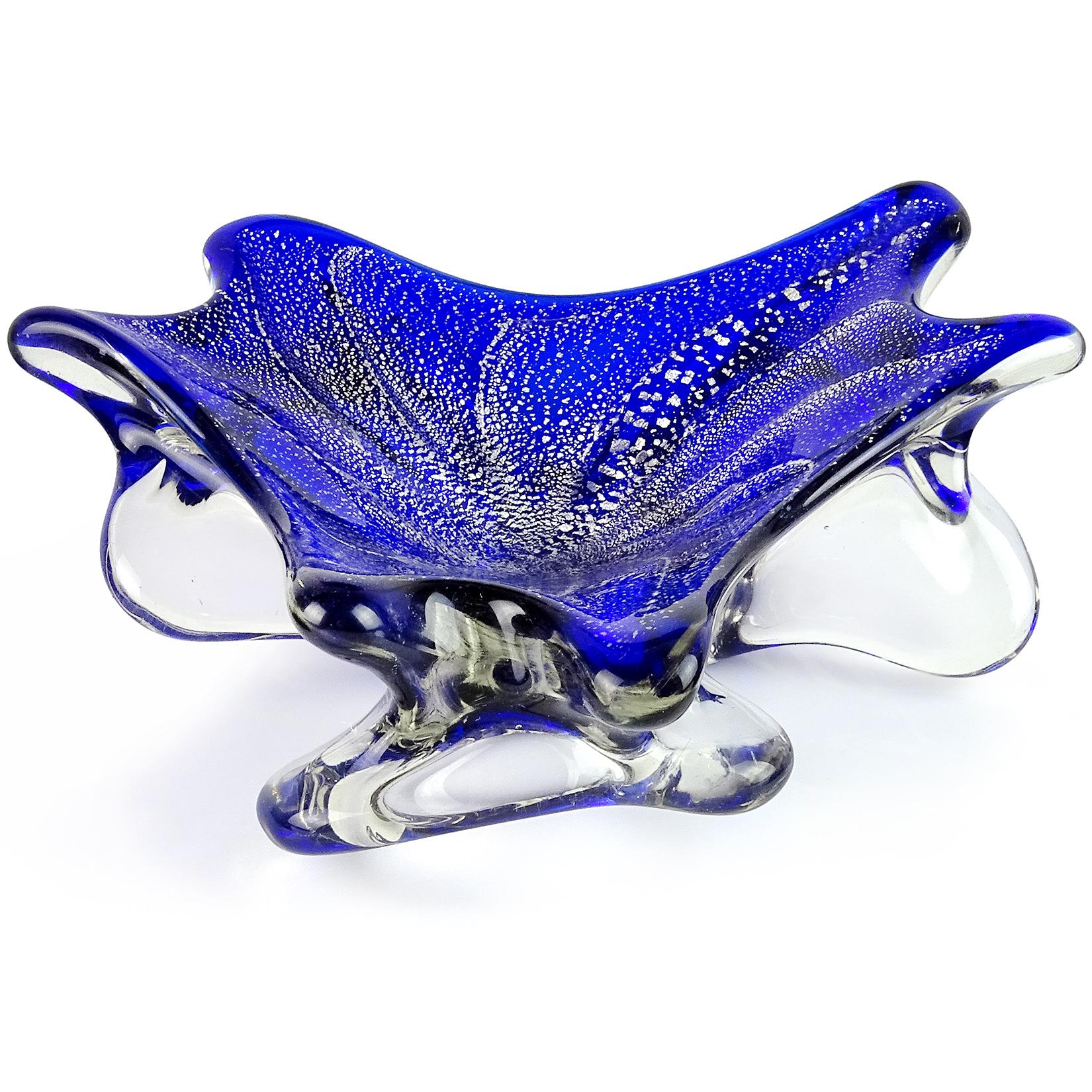 Mid-Century Modern Murano Cobalt Blue Silver Flecks Vintage Italian Art Glass Decorative Bowl