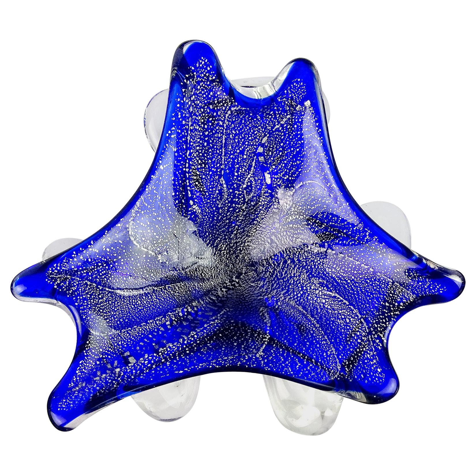 Murano Cobalt Blue Silver Flecks Vintage Italian Art Glass Decorative Bowl