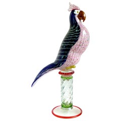 Murano Colorful Fenicio Pulled Feather Design Italian Art Glass Parrot Sculpture