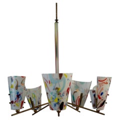 Murano Coloured Art Glass and Brass 5 Armed Chandelier, 1960s, Italy