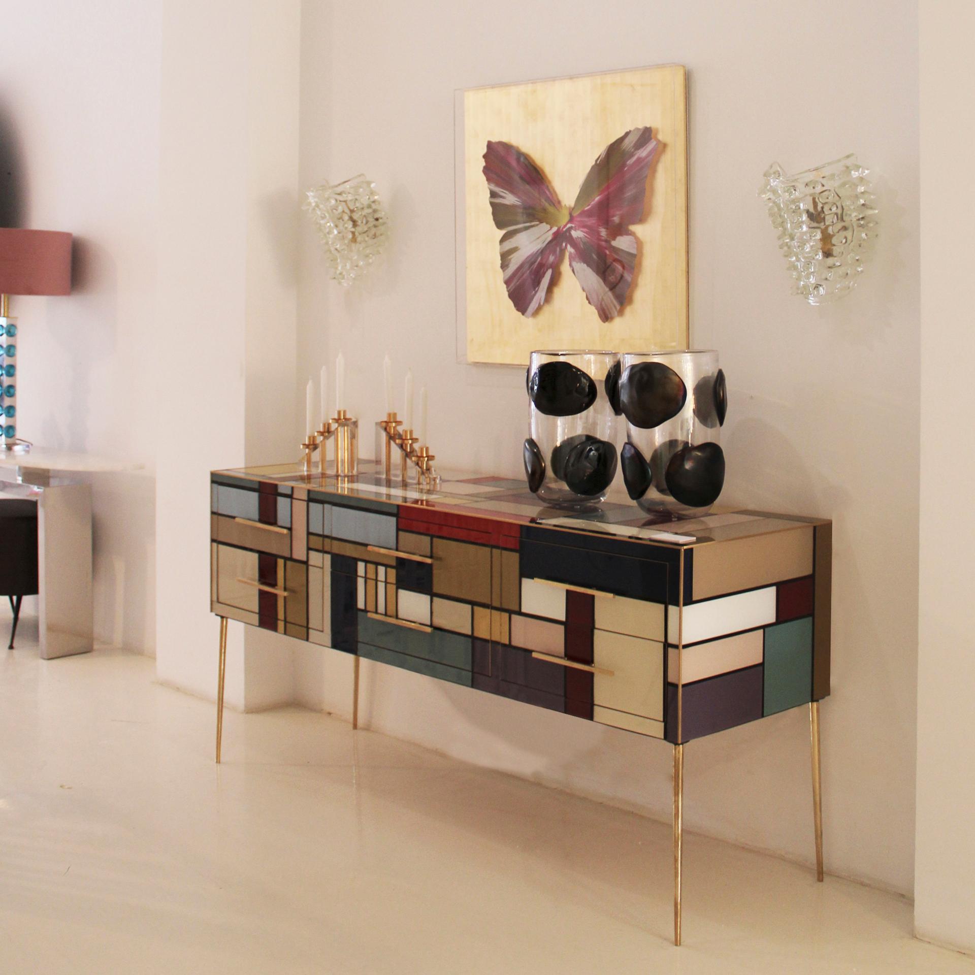 Murano Coloured Glass and Brass Sideboard Composed of 6 Drawers  For Sale 3