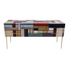 Murano Coloured Glass and Brass Sideboard Composed of 6 Drawers