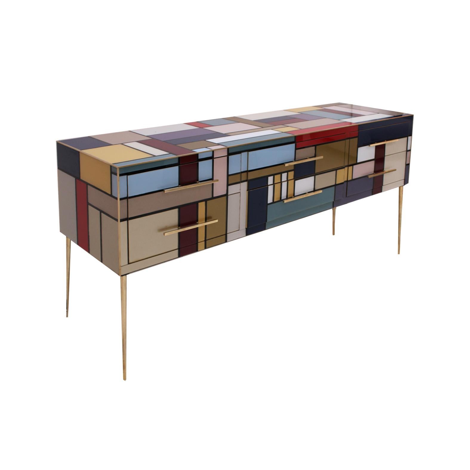 Mid-Century Modern Murano Coloured Glass and Brass Sideboard Composed of 6 Drawers  For Sale