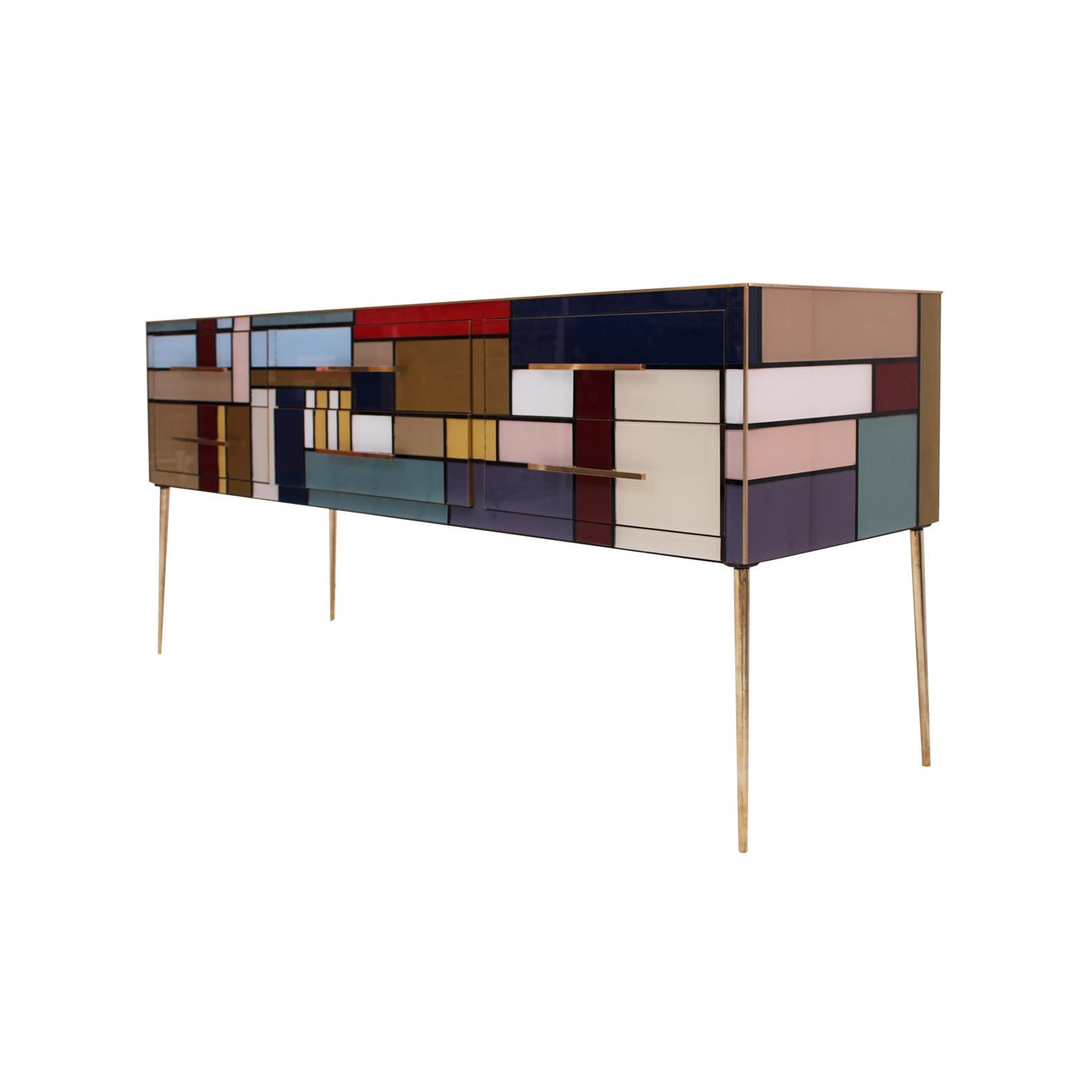 Italian Murano Coloured Glass and Brass Sideboard Composed of 6 Drawers  For Sale