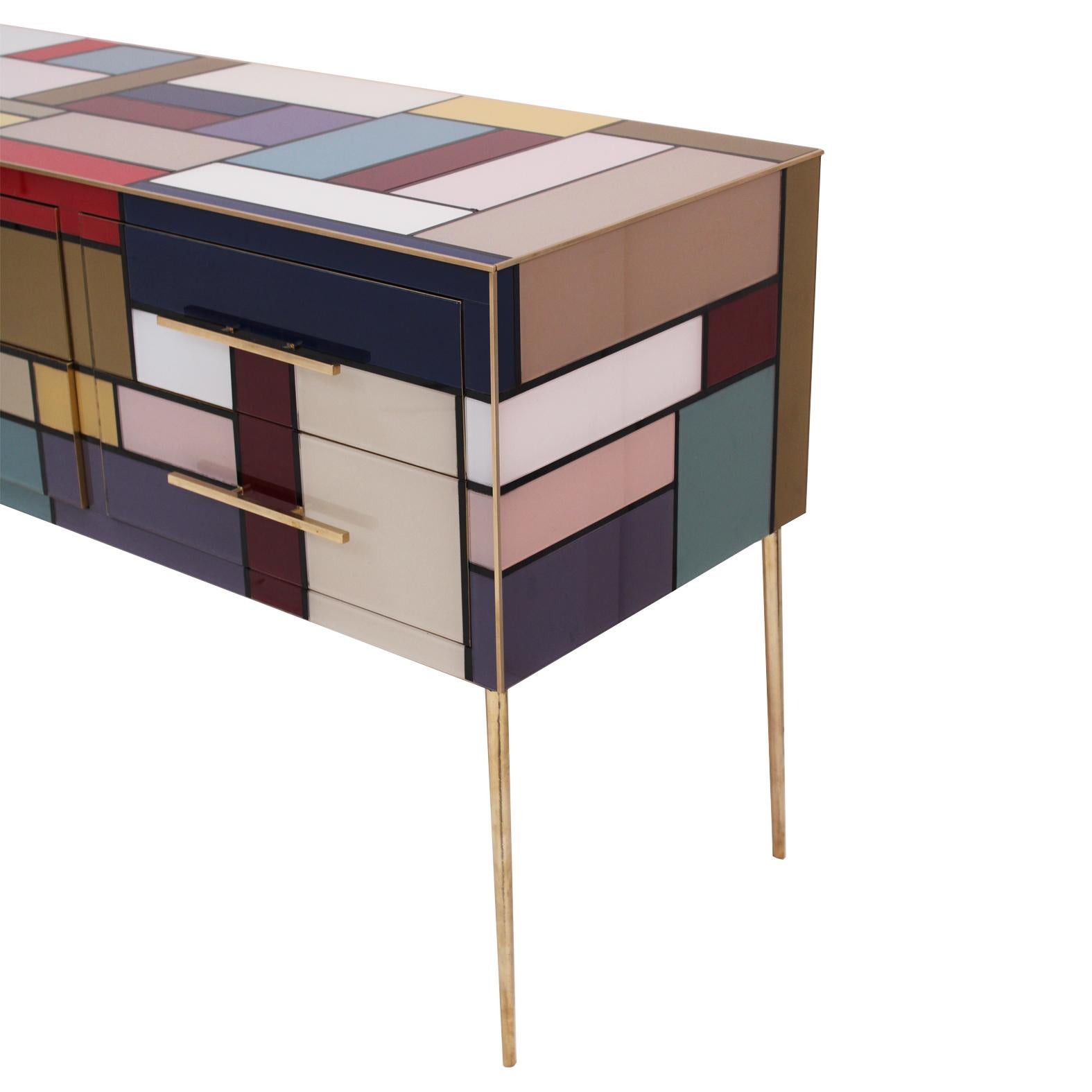 Hand-Crafted Murano Coloured Glass and Brass Sideboard Composed of 6 Drawers  For Sale