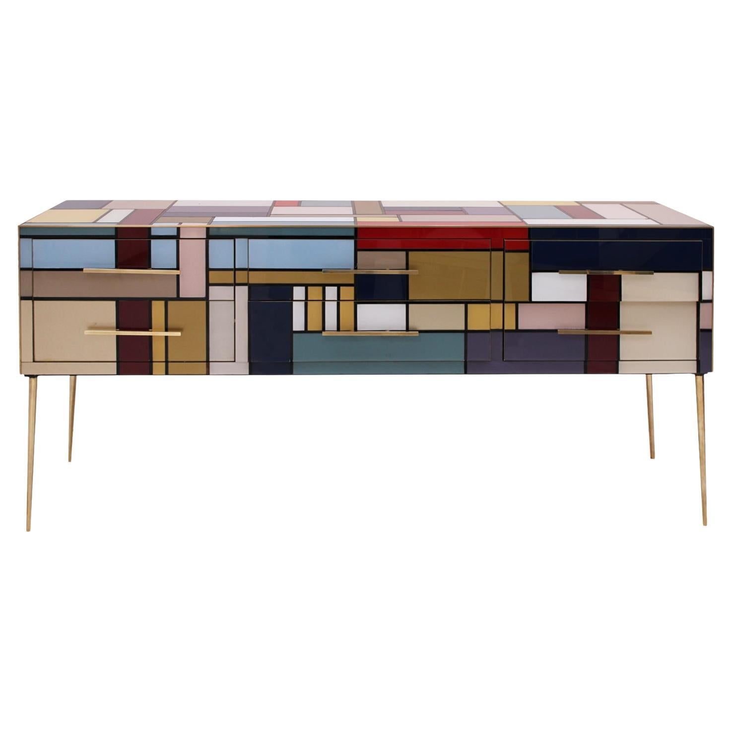 Murano Coloured Glass and Brass Sideboard Composed of 6 Drawers  For Sale