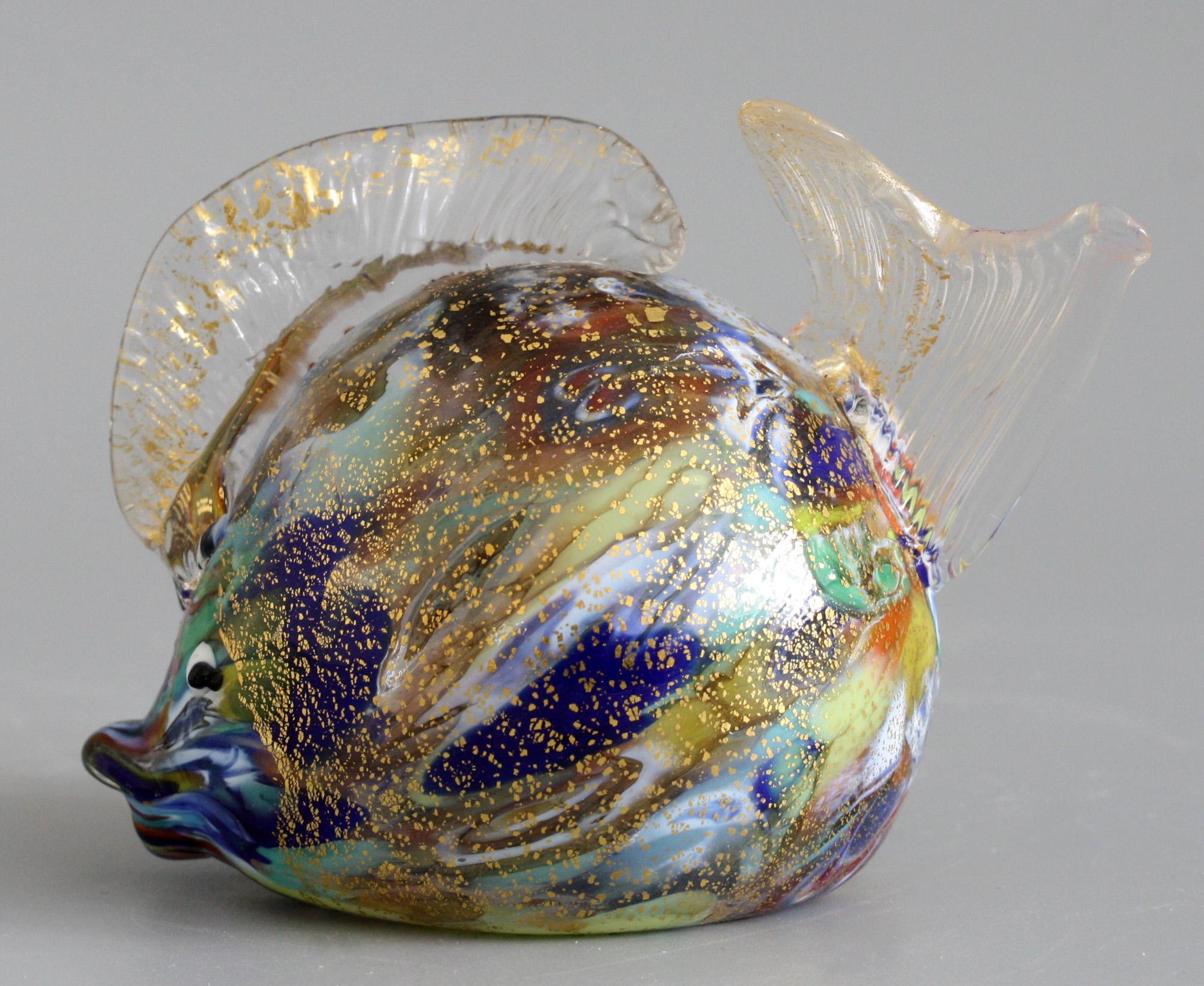 Italian Murano Colored Gold Aventurine Hollow Blown Glass Puffer Fish