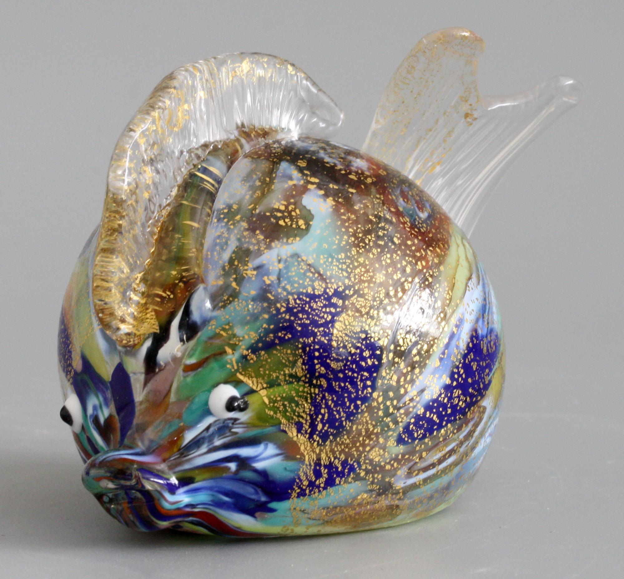 Hand-Crafted Murano Colored Gold Aventurine Hollow Blown Glass Puffer Fish