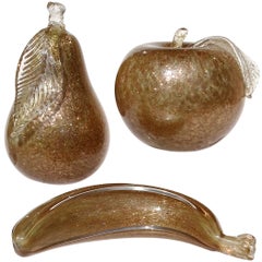 Scultura in vetro artistico di Murano in rame e oro Pera Mela Banana Frutta
