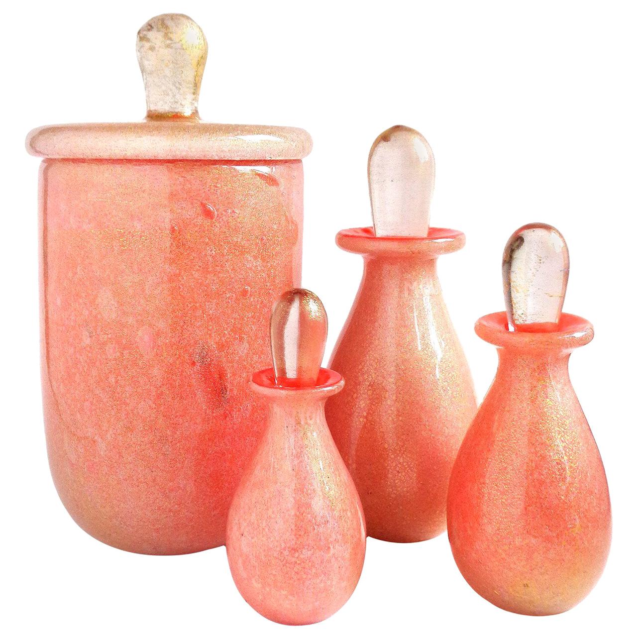 Murano Coral Orange Gold Leaf Italian Art Glass Jar Bottles Bathroom Vanity Set