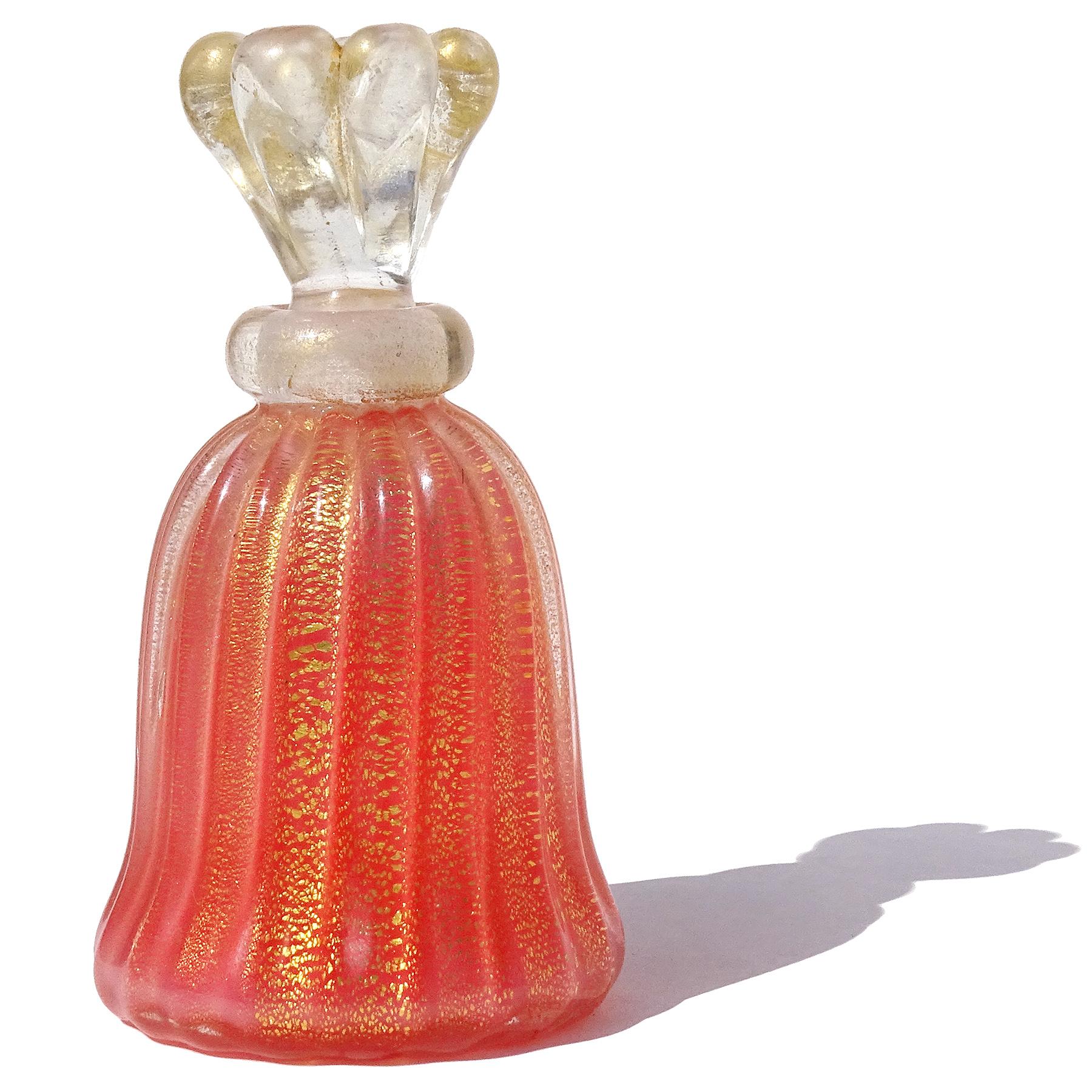 Art Deco Murano Coral Orange Gold Leaf Italian Art Glass Small Vanity Perfume Bottle For Sale