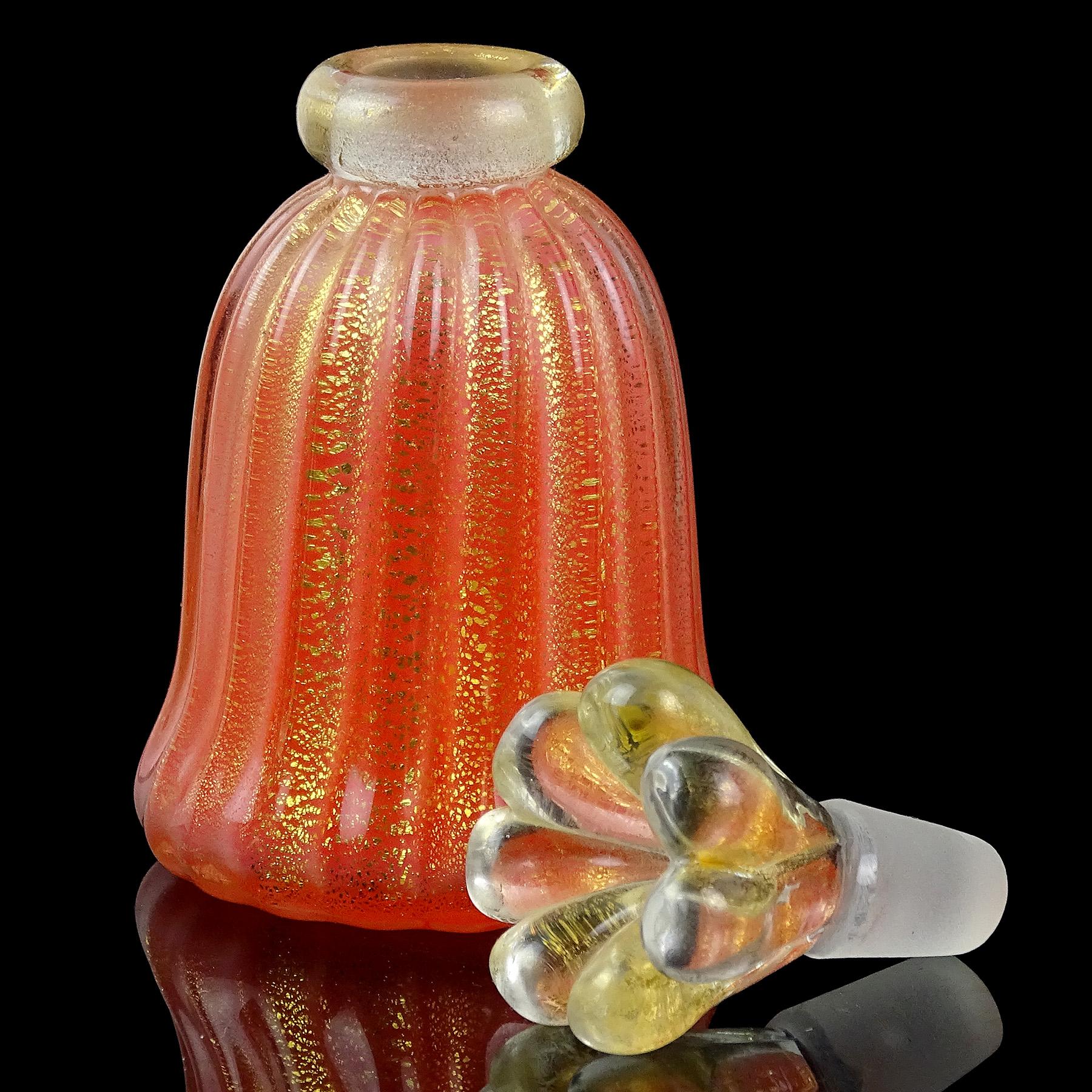 Hand-Crafted Murano Coral Orange Gold Leaf Italian Art Glass Small Vanity Perfume Bottle For Sale