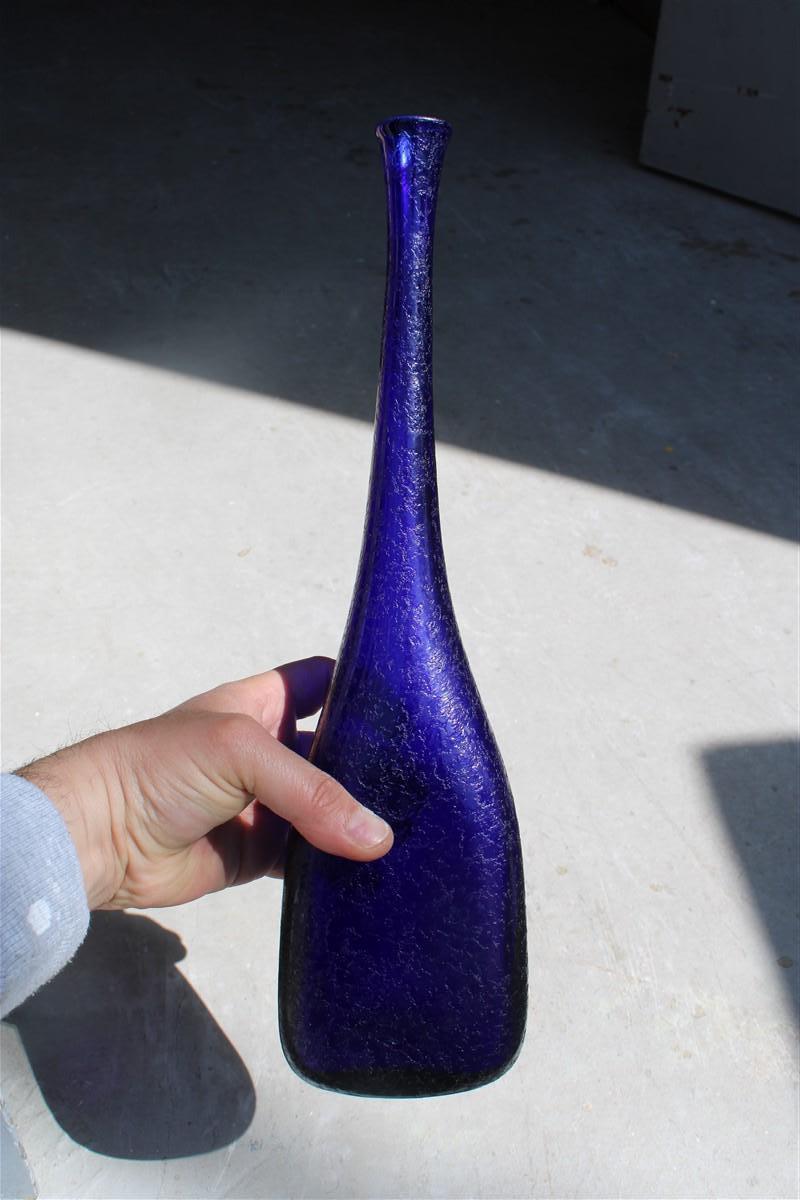 Murano Corroded Glass Bottle Cobalt Blue Mid-century Italian Design Seguso For Sale 1