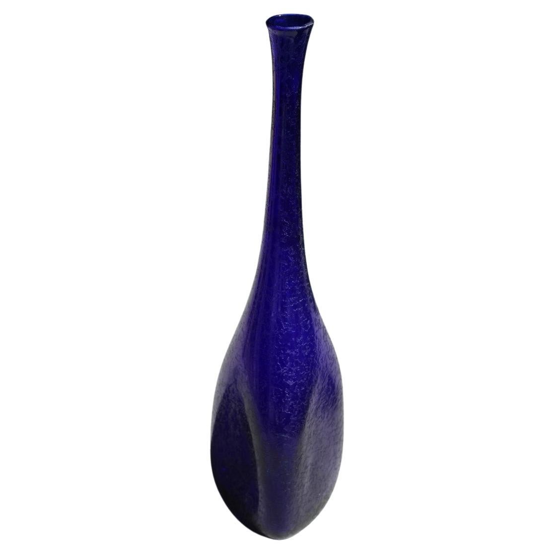 Murano Corroded Glass Bottle Cobalt Blue Mid-century Italian Design Seguso For Sale