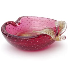 Murano Cranberry Bullicante Gold Flecks Italian Art Glass Apple Ring Dish Bowl
