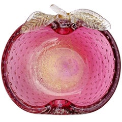 Vintage Murano Cranberry Bullicante Gold Flecks Italian Art Glass Apple Ring Dish Bowl