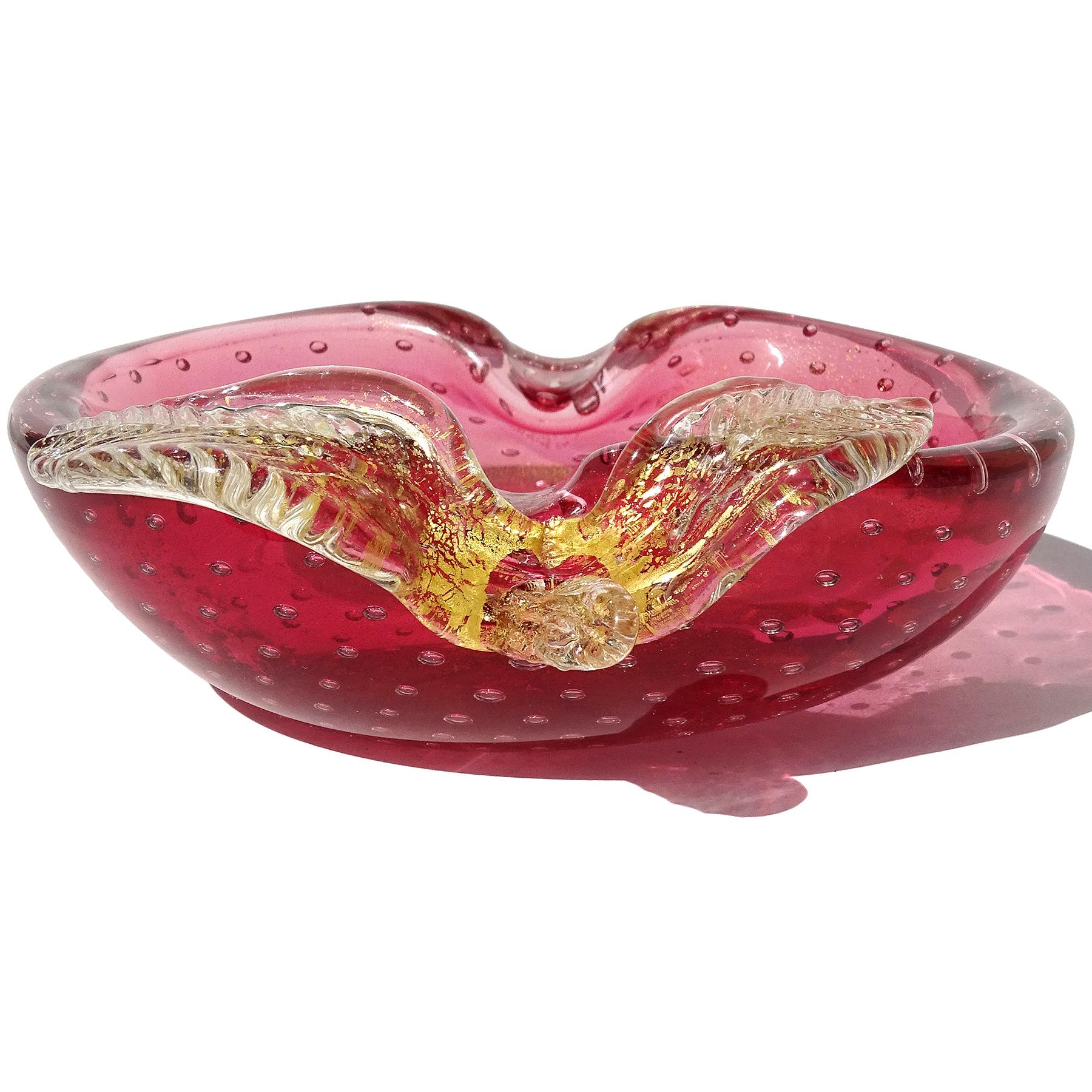 Mid-Century Modern Murano Cranberry Pink Gold Flecks Bubbles Italian Art Glass Apple Ring Dish Bowl For Sale