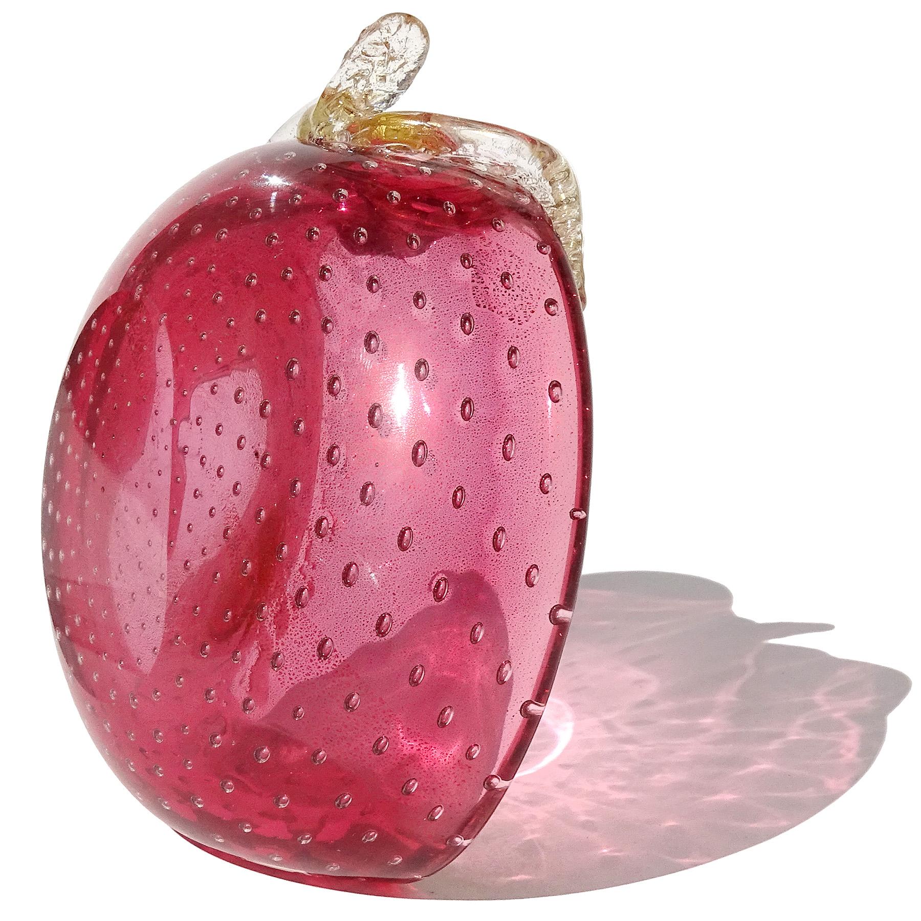 20th Century Murano Cranberry Pink Gold Flecks Bubbles Italian Art Glass Apple Ring Dish Bowl For Sale