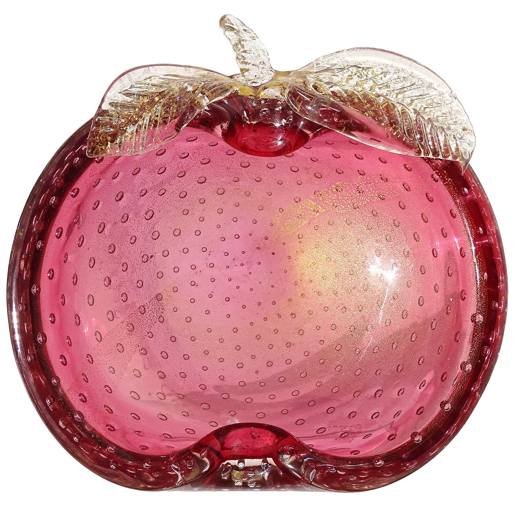 Murano Cranberry Pink Gold Flecks Bubbles Italian Art Glass Apple Ring Dish Bowl