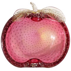 Vintage Murano Cranberry Pink Gold Flecks Bubbles Italian Art Glass Apple Ring Dish Bowl